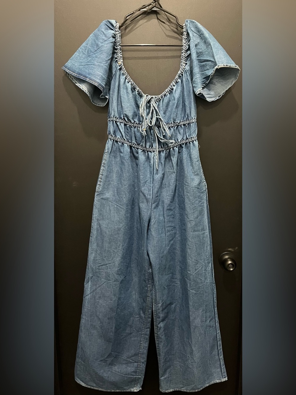 indulge Blue Denim Puff-Sleeve Jumpsuit